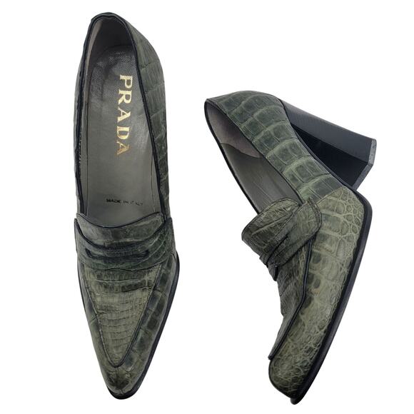 Prada Size 6.5 Green Block Heel Croc Embossed Print Pointed Toe Slip On 36.5 - Picture 1 of 9